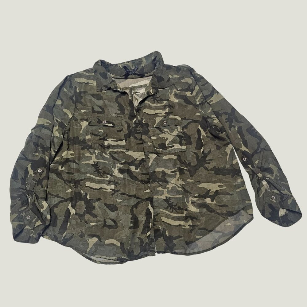 Women's Camouflage Camo Button Down Blouse Shirt Top Sheer Size 3X - Picture 3 of 6